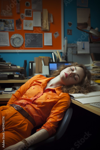 Tired of work, woman sleeping in the office