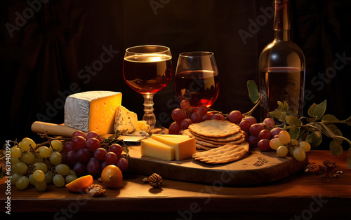 Wine, cheeses and grapes in a vintage setup. Created with Generative AI