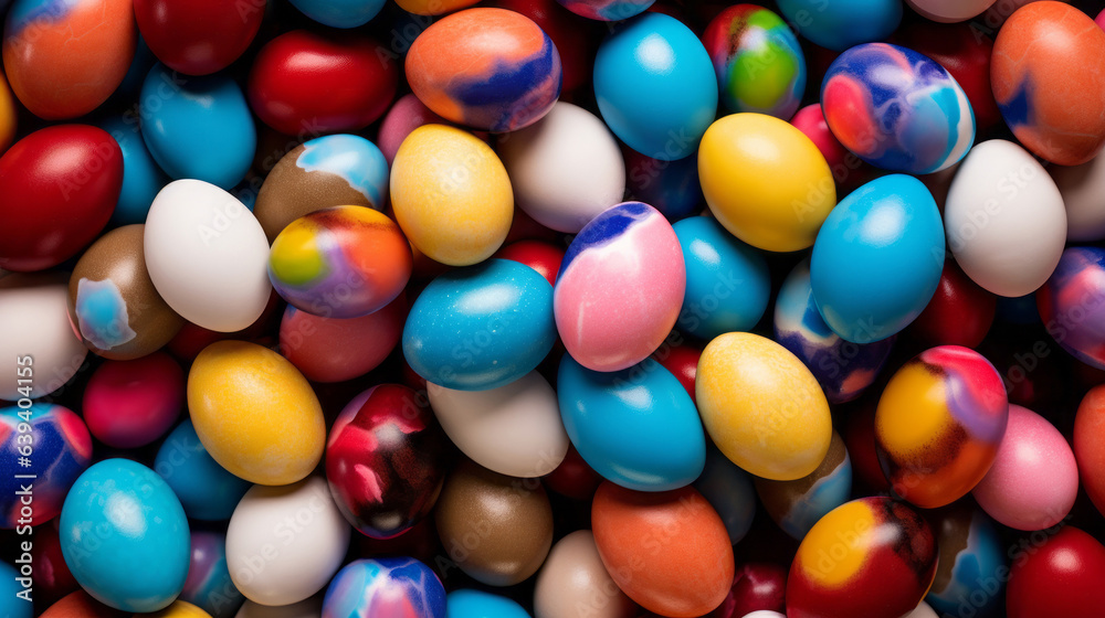 Colorful pile of easter eggs top down view full frame. Festive background banner Colorful pile of easter eggs top down view full frame. Festive background banner