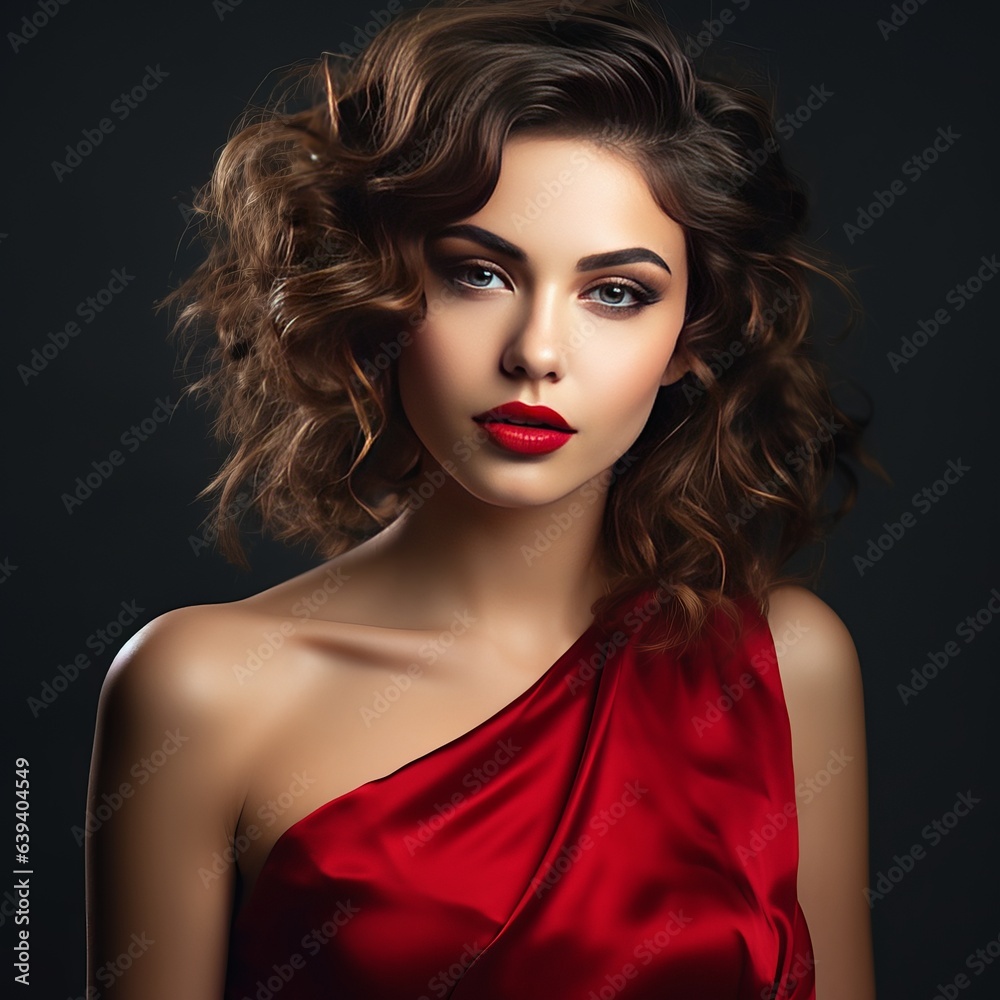 A glamorous woman in a red mini-dress. A fashion model in a cocktail party gown. A stunningly beautiful girl with a curly hairstyle and a red lip.