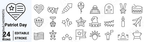 set of 24 line web icons Patriot Day. Military, Veterans Day. USA Independence Day celebration. Collection of Outline Icons. Vector illustration.