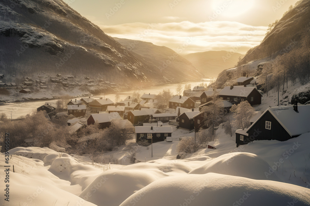 Enchanting Dusk: Cozy Wooden Homes in a Snow-Covered Mountain Town at Sunset, ai generative