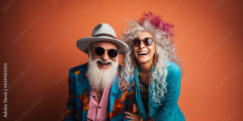 portrait of an cool and happy senior couple with cool sunglasses, crazy lifestyle concept