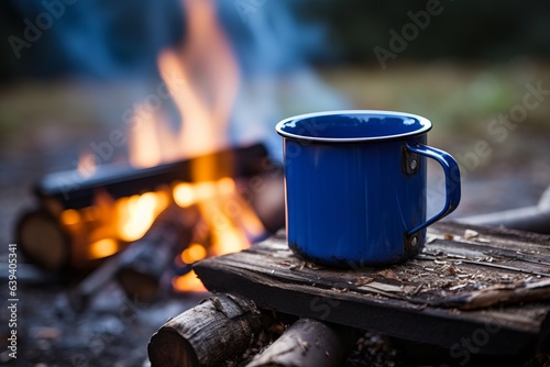 Blue enamel cup of hot steaming coffee generative ai