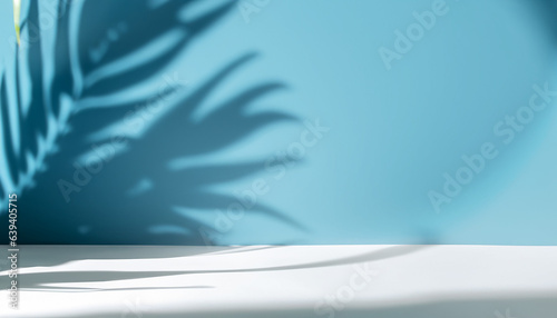 Abstract studio blue background for product presentation. Empty room with shadows of window and flowers and palm leaves . 3d room with copy space. Summer concert. backdrop. beauty product placement.