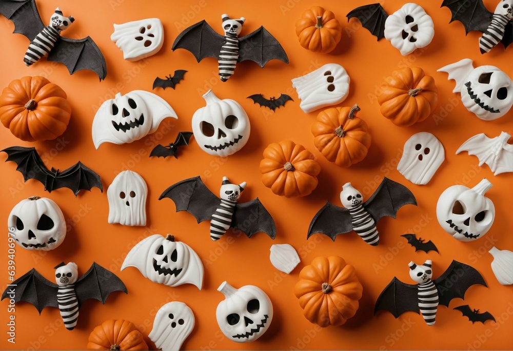 Happy Halloween flat lay with pumpkins and spooky decorations Happy Halloween flat lay with pumpkins and spooky decorations