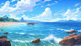 Beautiful view from ground landscape sandy beach with stone shore and wavy sea. Trees and plants, mountains on horizon and cloudy vivid blue sky.