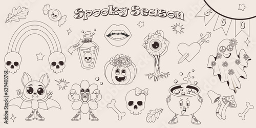  Happy Halloween vintage groovy set. Vector collection of funky psychedelic hippie 70s style mushrooms, pumpkin, rainbow, ghost, skull, potion, eye, flower, heart and bat. Monochrome palette.