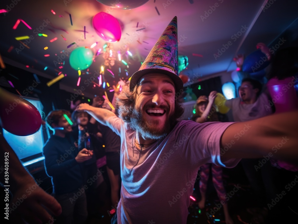 A man in a party hat is surrounded by confetti. Generative AI.