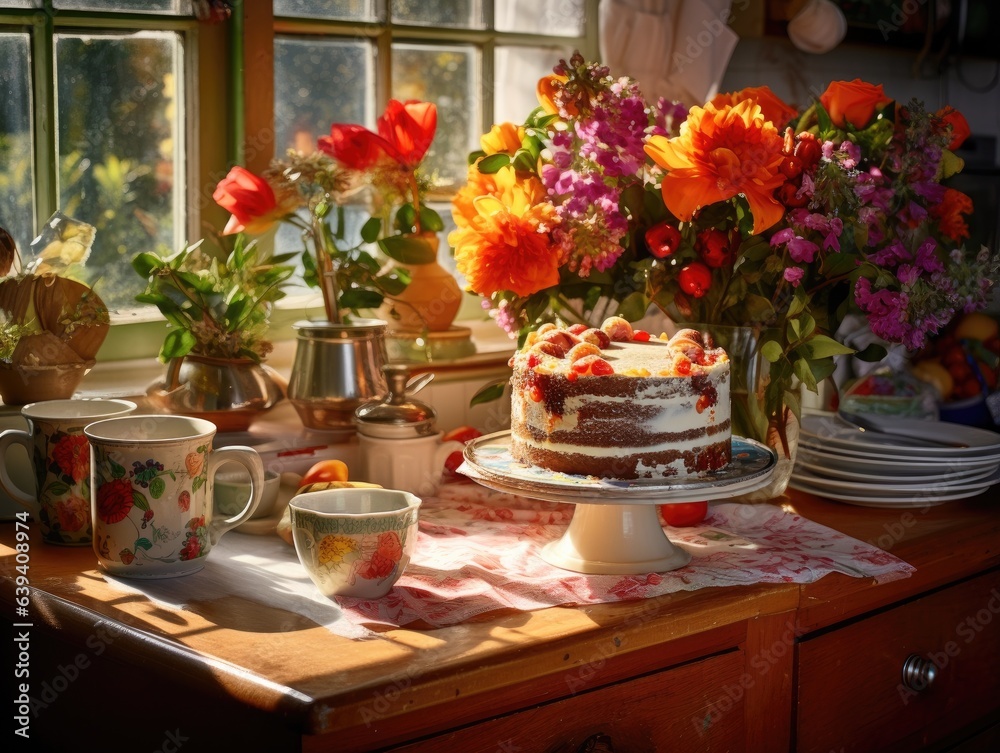 A table topped with a cake, cups, and flowers. Generative AI. A table topped with a cake, cups, and flowers. Generative AI.