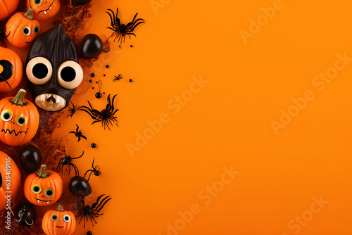 Halloween decorations, bats, ghosts on orange background.