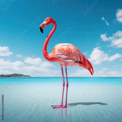  A pink flamingo with a turquoise ocean backdrop. 