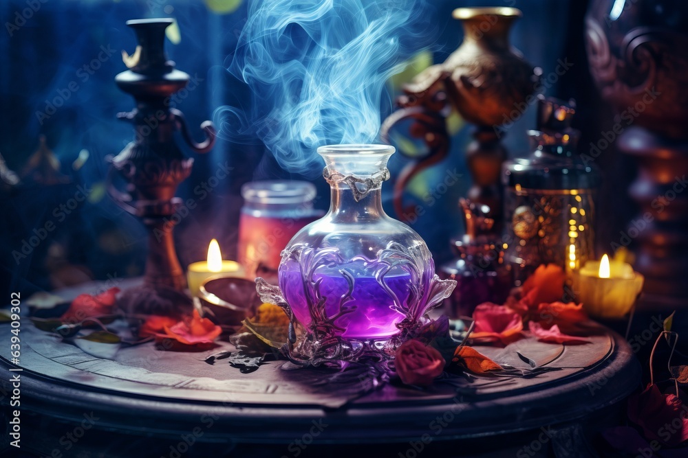 Enchanting witchcraft potion table scene with light smoke, Generative AI Enchanting witchcraft potion table scene with light smoke, Generative AI
