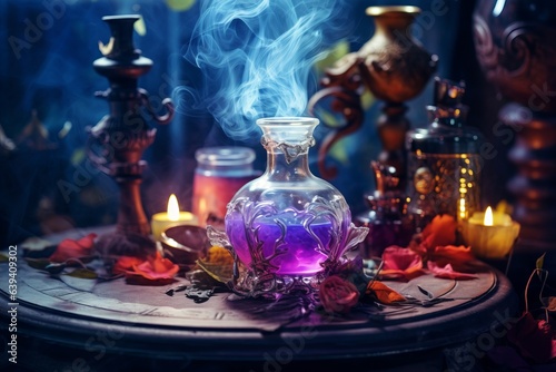Enchanting witchcraft potion table scene with light smoke  Generative AI