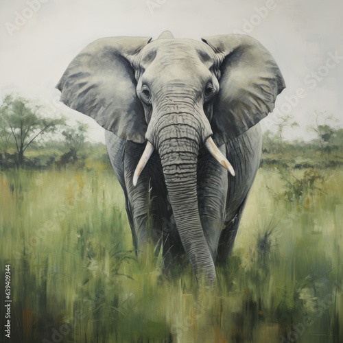 A gray elephant with a green grassland backdrop. 