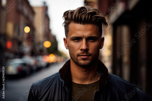 Blond man with a fresh scissor cut hairstyle stands in the city, closeup