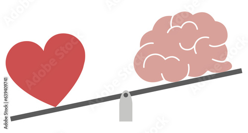 Balance of life and love. Heart has more weight than mind.  Mental health and emotional well-being symbol. Heart and brain icons.  Psychological wellness, Mind-Heart balance graphic