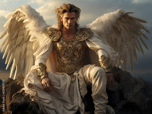 Portrait depiction of an elegant male angel with wings on top of a hill. Radiant beauty from an angel of unrivaled radiance. Human with wings or angel. photo