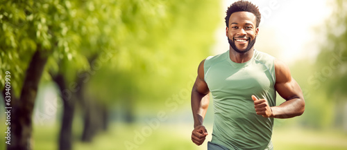 Smiling African American man in green park jogging on the grass, running in the field with headphones. 