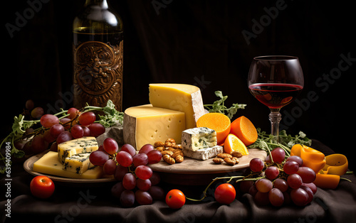 Wine, cheeses and grapes in a vintage setup. Created with Generative AI