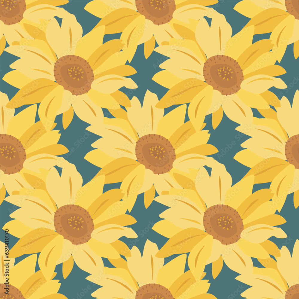 A pattern with large sunflower flowers on a blue-green background. Hand drawn. Summer floral decorative print. Suitable for textiles, fashion, wrapping paper, wallpaper. A pattern with large sunflower flowers on a blue-green background. Hand drawn. Summer floral decorative print. Suitable for textiles, fashion, wrapping paper, wallpaper.