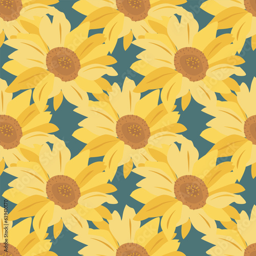 A pattern with large sunflower flowers on a blue-green background. Hand drawn. Summer floral decorative print. Suitable for textiles, fashion, wrapping paper, wallpaper.