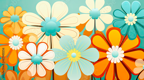 Colorful 70s Retro Style poster art with flowers  and retro colors such as orange  pale blue  yellow and greens. Background texture or wall art.