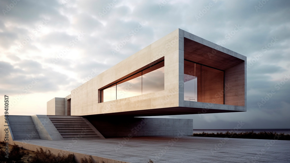An elegantly simplistic concrete edifice characterized by its refined contours and sleek facades, exuding a sense of pure serenity, Generative AI An elegantly simplistic concrete edifice characterized by its refined contours and sleek facades, exuding a sense of pure serenity, Generative AI