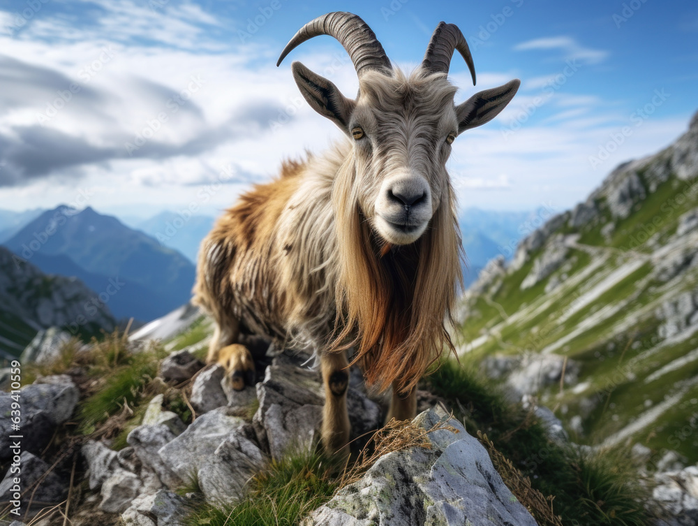 Fototapeta premium Alpine Goat in its Natural Habitat, Wildlife Photography, Generative AI