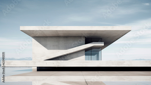 An elegantly simplistic concrete edifice characterized by its refined contours and sleek facades, exuding a sense of pure serenity, Generative AI