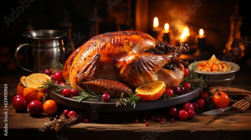 cooked pheasant with a golden fried crust. Baked turkey with lemon and vegetables, A traditional Thanksgiving dish in America. Protein high-calorie food. 