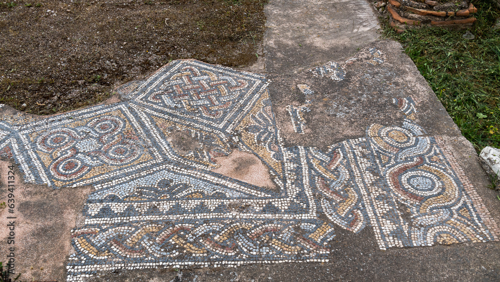 Mosaic floor at the the ruins  of Hadrian's Library near Monastiraki Square in Athens, Greece.
