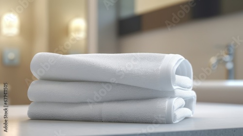 White clean stack towels on white table in bathroom
