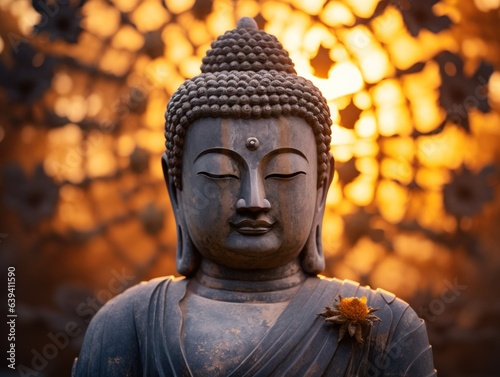 A buddha statue with its eyes close, at sunrise