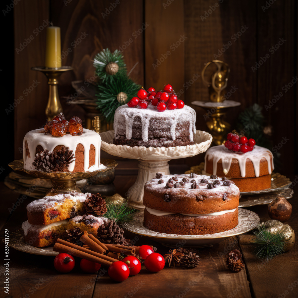 Christmas cakes on brown wooden tables