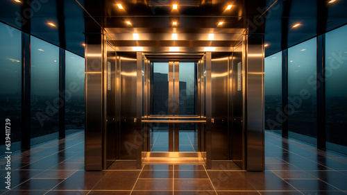 An empty modern elevator or lift  in building with lighting. Generative AI 