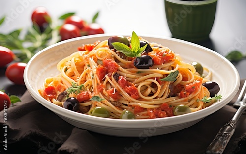 Spaghetti alla Puttanesca Elevated with Tomatoes, Olives, Capers, and Italian Flat-Leaf Parsley, Crafted to Culinary Perfection