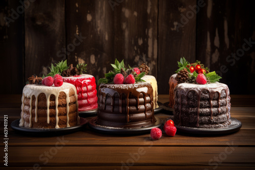 Christmas cakes on brown wooden tables