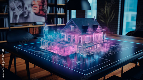 Architectural sketches of a residential building , are converted into a three-dimensional holographic image. Generative AI