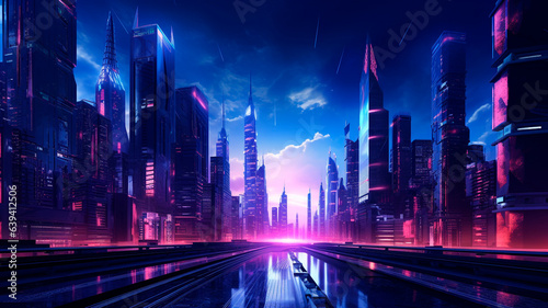 An illustration capturing the stunning neon-lit night atmosphere of a cyberpunk city  showcasing the futuristic skyscrapers of the urban landscape. Generative AI 