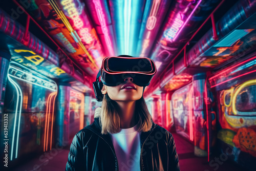Young girl wearing a vr headset in an urban space, tunnel with a colorful background, urban, poster, Japanese contemporary, virtual reality street art fashion.