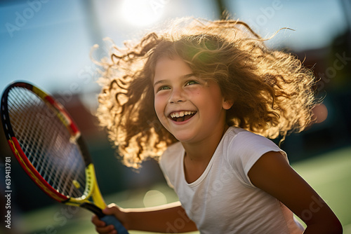 Cheerful girl is playing tennis in court in summer