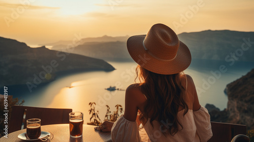 Young woman tourist in straw hat sitting at cafe, tourist, concept, vacations photo