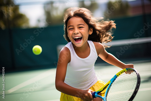 Cheerful girl is playing tennis in court in summer © Oleksandr Kozak