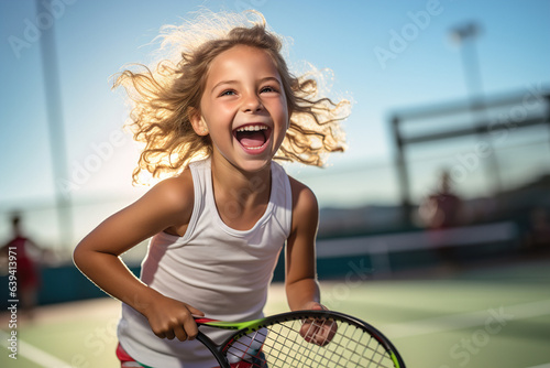Cheerful girl is playing tennis in court in summer © Oleksandr Kozak