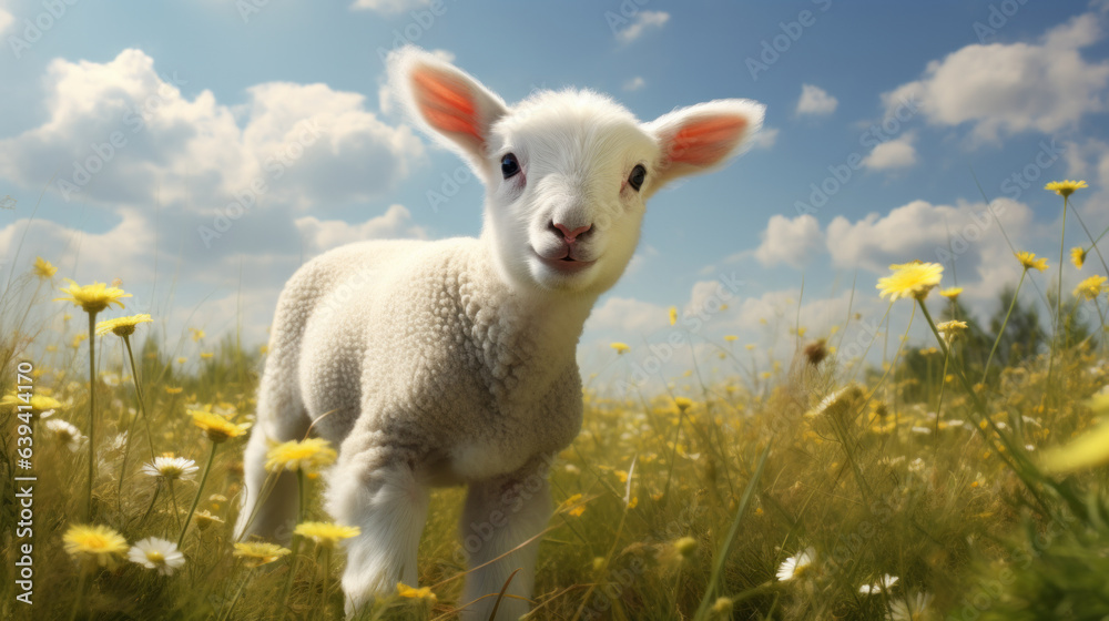 A cute baby lamb standing among a A cute baby lamb standing among a