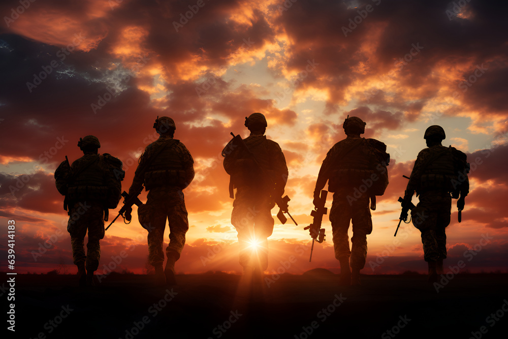 Military silhouettes of soldiers against the backdrop of sunset sky. generative AI
