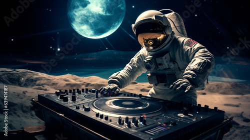 Fotografia astronaut dj throws a party on another planet, dj console on the moon, Generativ