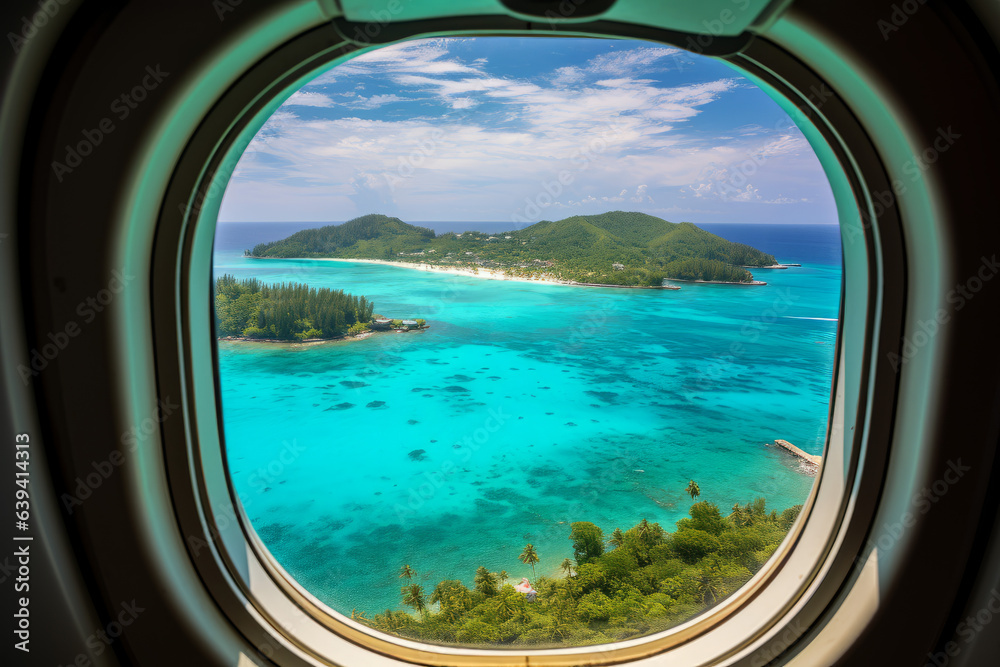 Naklejka premium Tropical island with turquoise water aerial view through an aircraft window