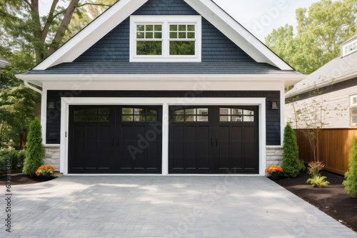 Black Swing Out Garage Doors With Windows and White Trim